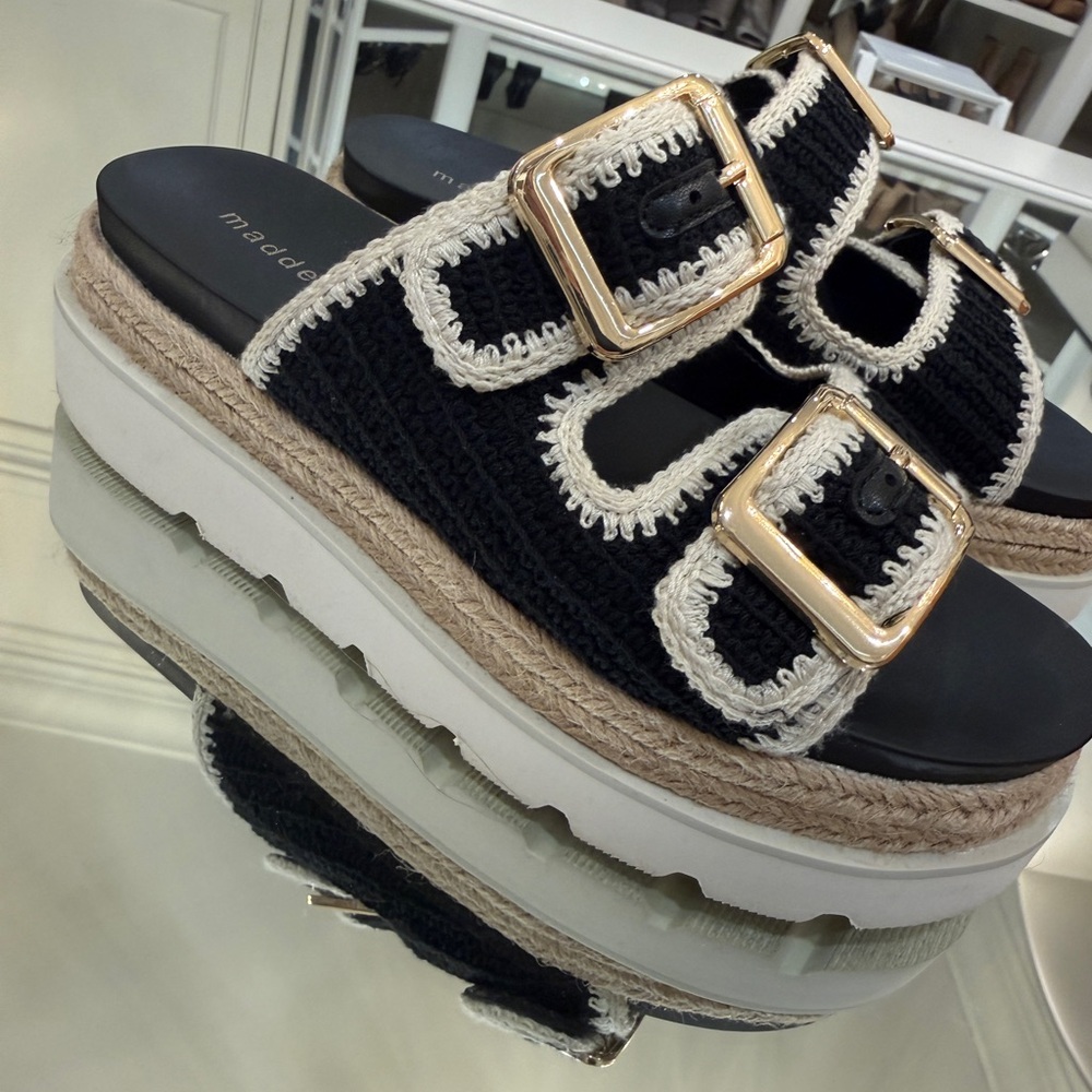 Madden Girl Black and Cream Buckle Sandals